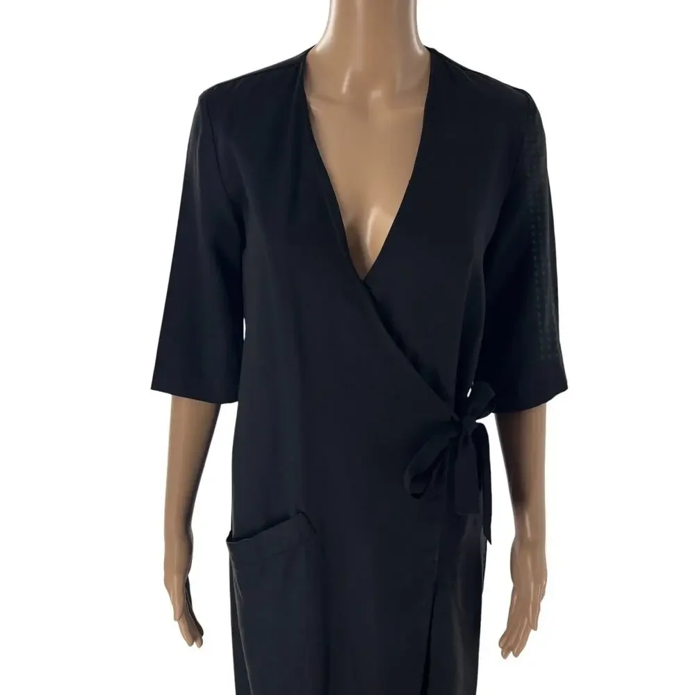 First Rite Black Crossover Half Sleeve Tencel Midi Wrap Dress